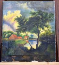 Oil on canvas depicting buildings by a lakeside signed J G McMillan 41 x 36 cm.