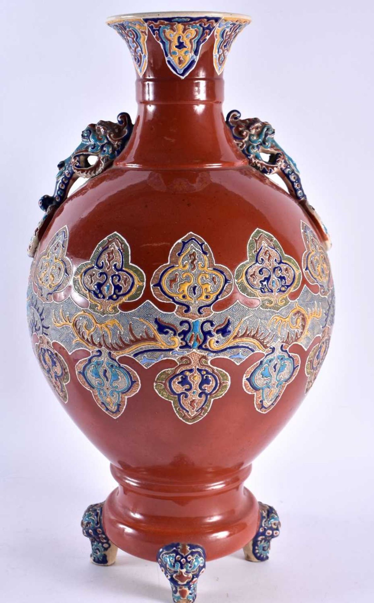 A LARGE 19TH CENTURY JAPANESE MEIJI PERIOD TWIN HANDLED SATSUMA VASE enamelled with motifs, with - Image 3 of 5