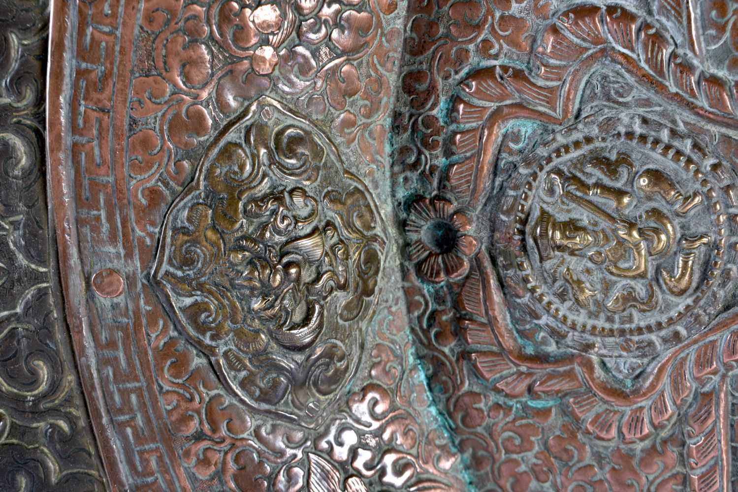A VERY LARGE 19TH CENTURY INDIAN TIBETAN COPPER AND MIXED METAL CHARGER of monumental proportions, - Image 3 of 6