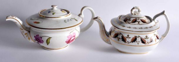 TWO LATE 18TH/19TH ENGLISH PORCELAIN TEAPOTS AND COVERS one painted with brown foliage, one