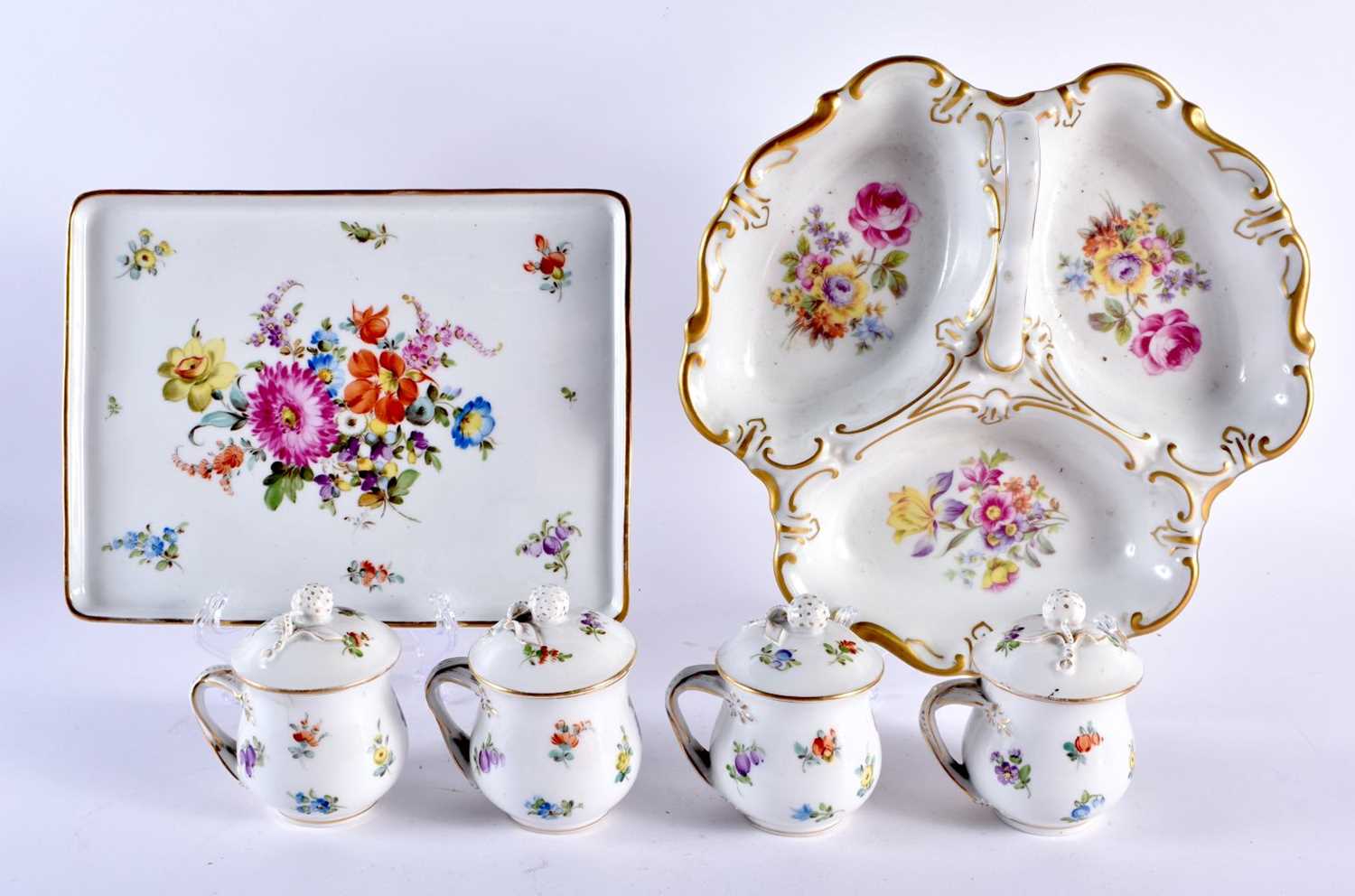 Pre-1891 Set of four French custard cups and covers with original tray painted with flowers,