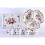 Pre-1891 Set of four French custard cups and covers with original tray painted with flowers,