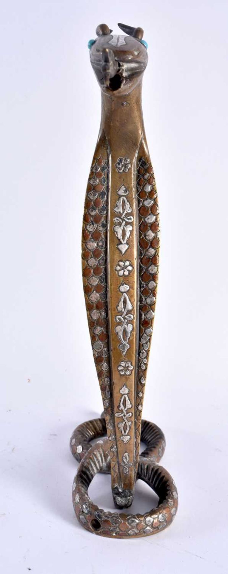 A RARE 19TH CENTURY INDIAN MIDDLE EASTERN SILVER OVERLAID BRONZE COBRA inset with turquoise, - Image 2 of 5