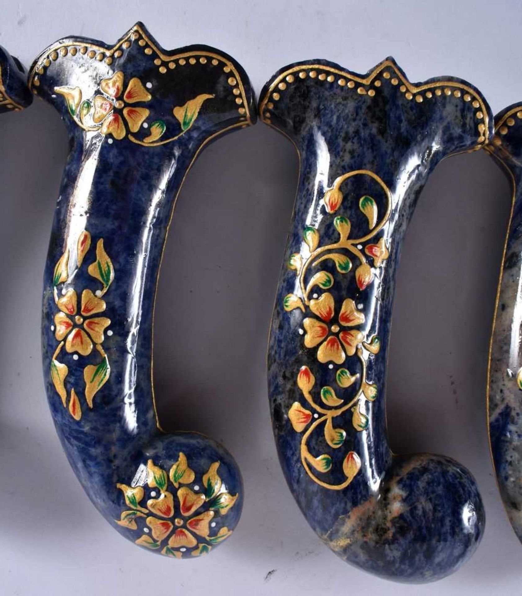 A SET OF FIVE MIDDLE EASTERN QAJAR LACQUER HARDSTONE DAGGER HANDLES overlaid with foliage and vines. - Image 3 of 6