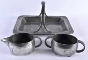 AN ARTS AND CRAFTS HAMMERED PEWTER BASKET TRAY together with a Liberty & Co pewter sugar basin and