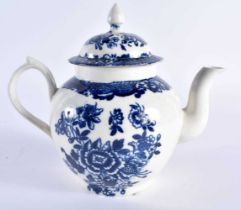 Liverpool teapot and cover printed with blue flowers. 16cm high