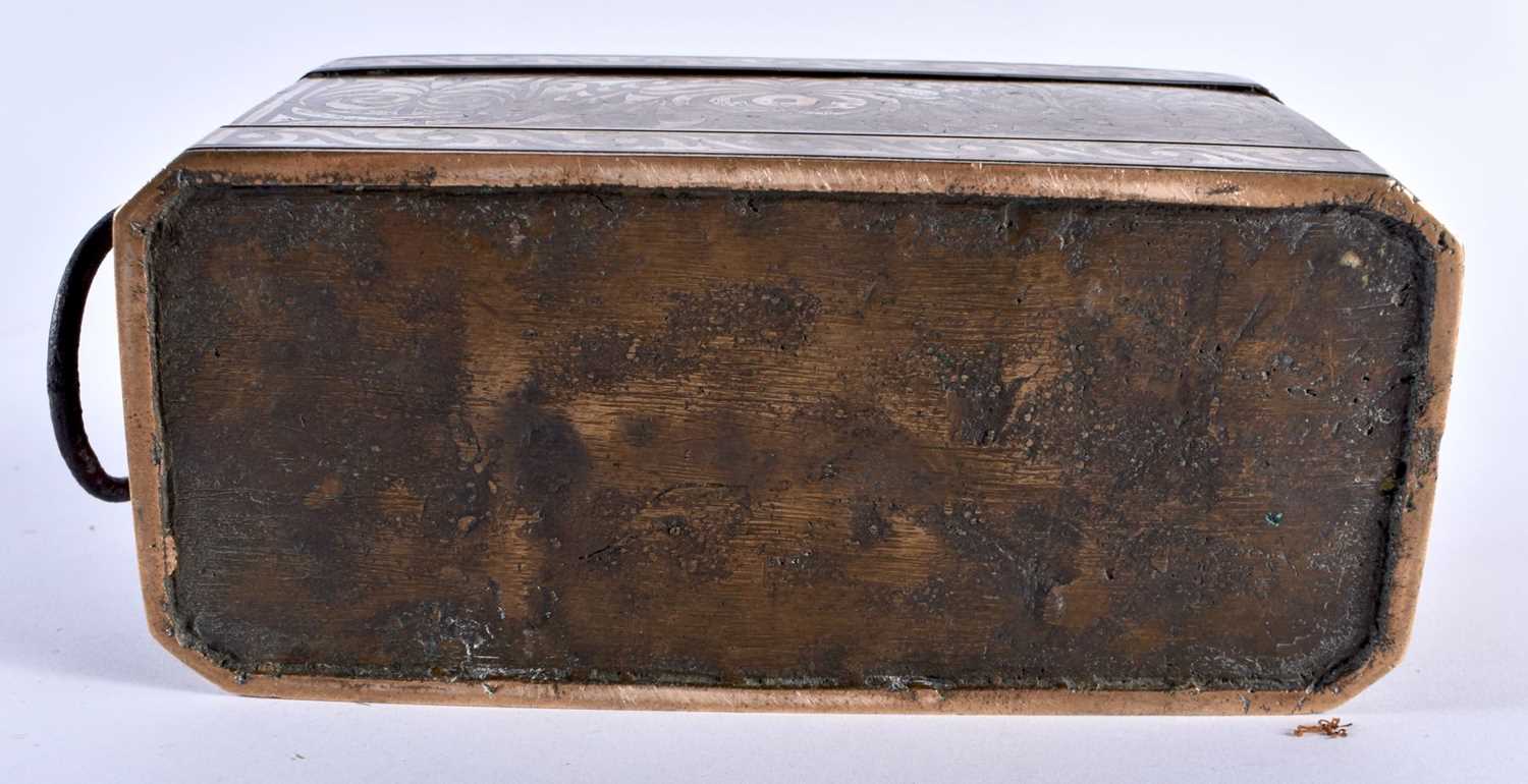 AN UNUSUAL 18TH CENTURY ISLAMIC PERSIAN SILVER INLAID BRONZE BOX decorative all over with foliage - Image 6 of 6