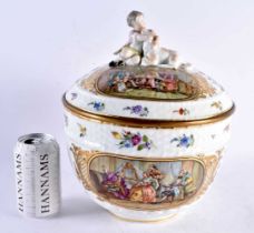 A LARGE 19TH CENTURY GERMAN VOLKSTEDT MEISSEN STYLE PORCELAIN BOWL AND COVER painted with figures