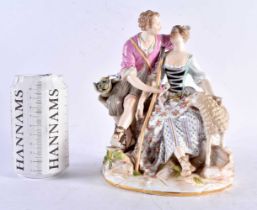 A LARGE 19TH CENTURY MEISSEN PORCELAIN FIGURAL GROUP depicting a male and female beside a sheep.