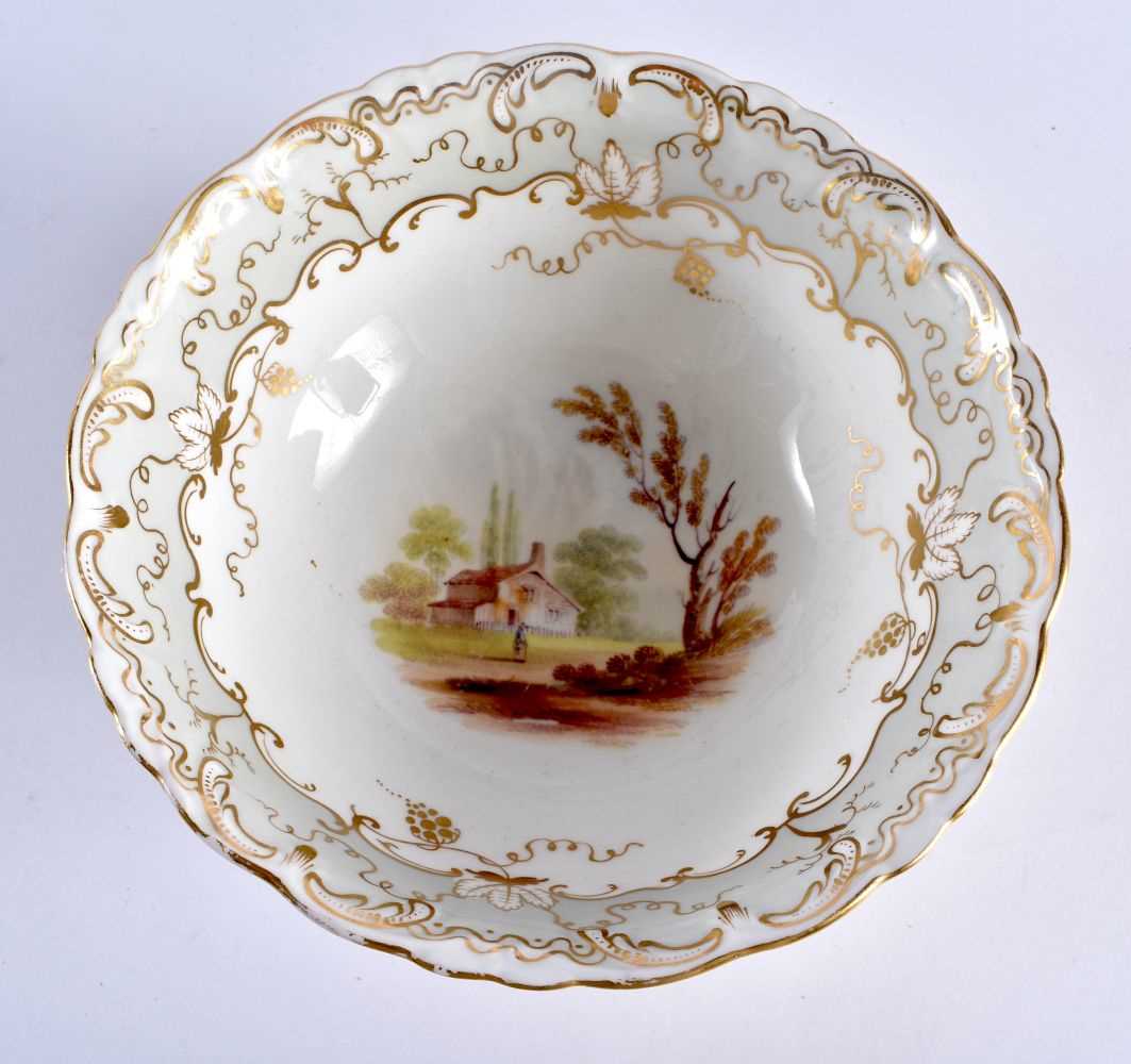 19th century English porcelain bowl painted with an internal landscape under a grey and gilt - Image 2 of 3