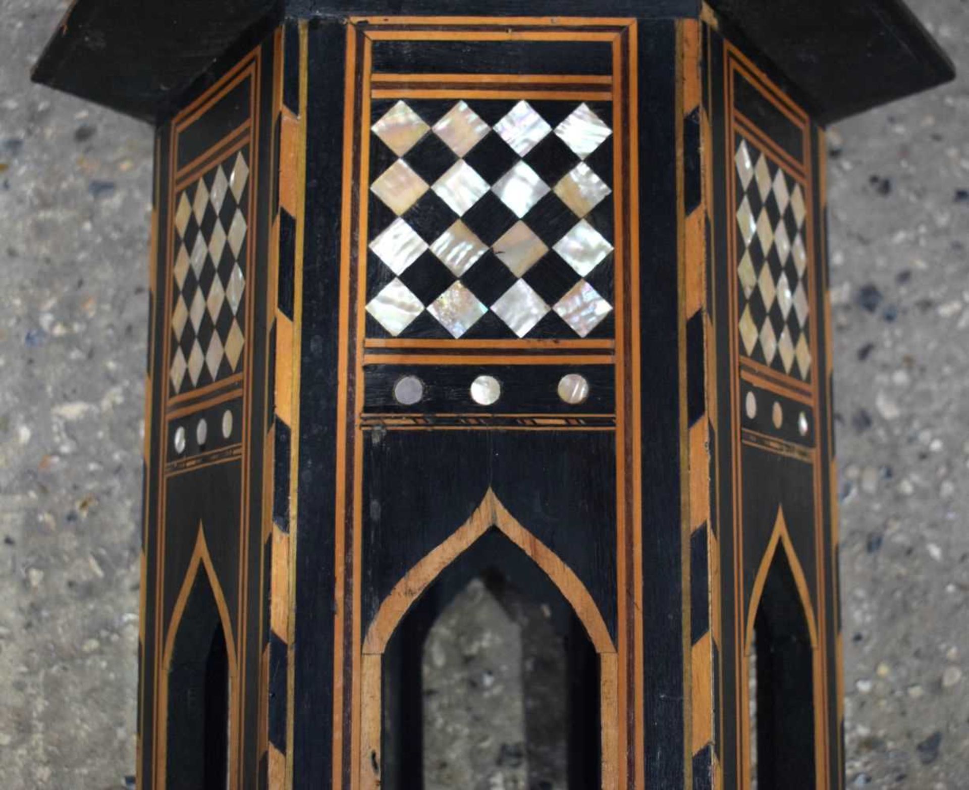 An Islamic wooden hexagonal sided table with Mother of Pearl and wooden inlay 51 x 43cm. - Image 3 of 3