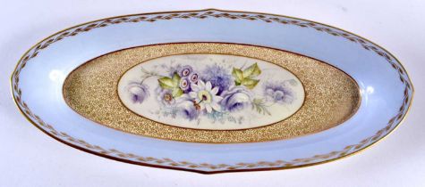 A ROYAL WORCESTER LAVENDER GLAZED PORCELAIN OVAL DISH by E Phillips. 30 cm x 12 cm.