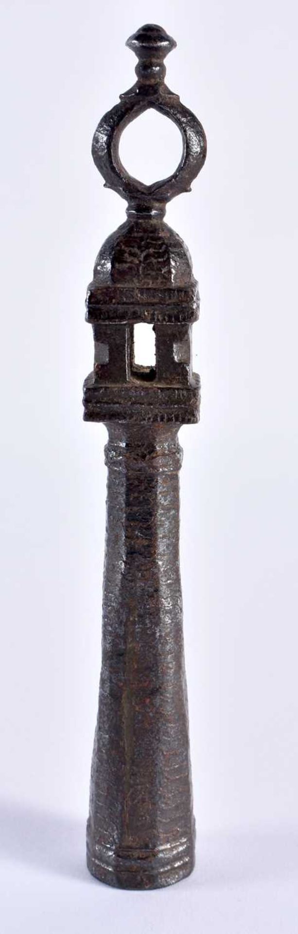 AN 18TH CENTURY MIDDLE EASTERN ISLAMIC IRON TURKISH SCULPTURE formed as a column. 18 cm high.