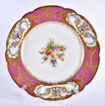 A LATE 19TH CENTURY FRENCH SEVRES STYLE PORCELAIN PLATE painted with flowers under a raised gilt