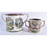 TWO 19TH CENTURY ENGLISH TWIN HANDLED POTTERY LOVING CUPS. Largest 22 cm x 15 cm. (2)