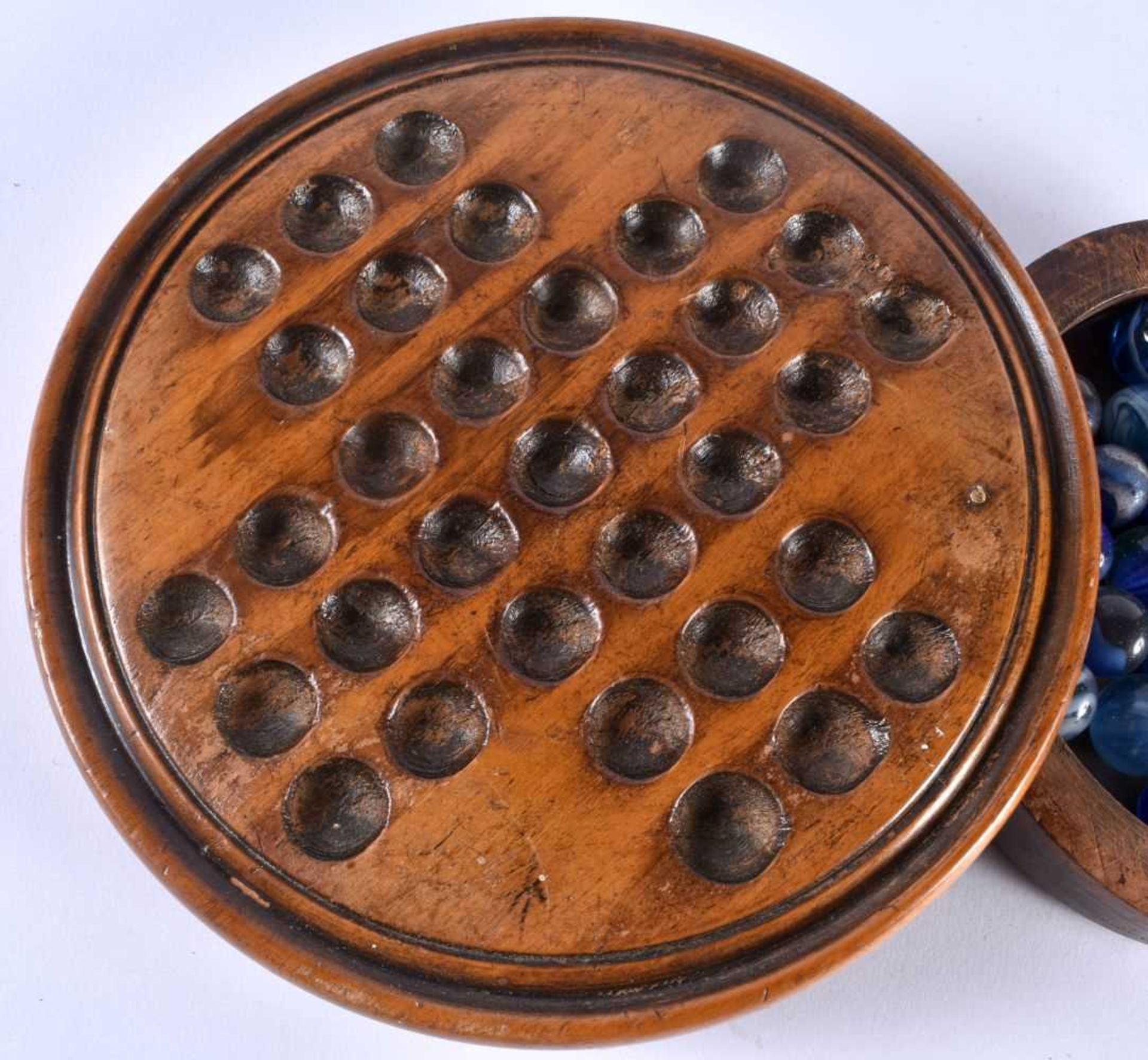 A Victorian Wood Solitaire Board with a Tray containing Marbles. 10.5cm diameter - Image 2 of 4