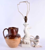 A ROYAL COPENHAGEN FIGURE together with a Casa Pupa dolphin lamp & a stoneware jug. Largest 45 cm