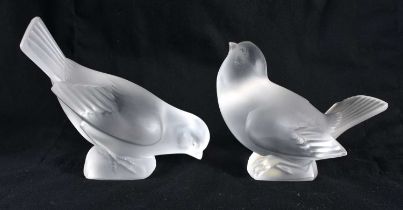 TWO FRENCH LALIQUE GLASS BIRDS. Largest 10 cm x 10 cm. (2)