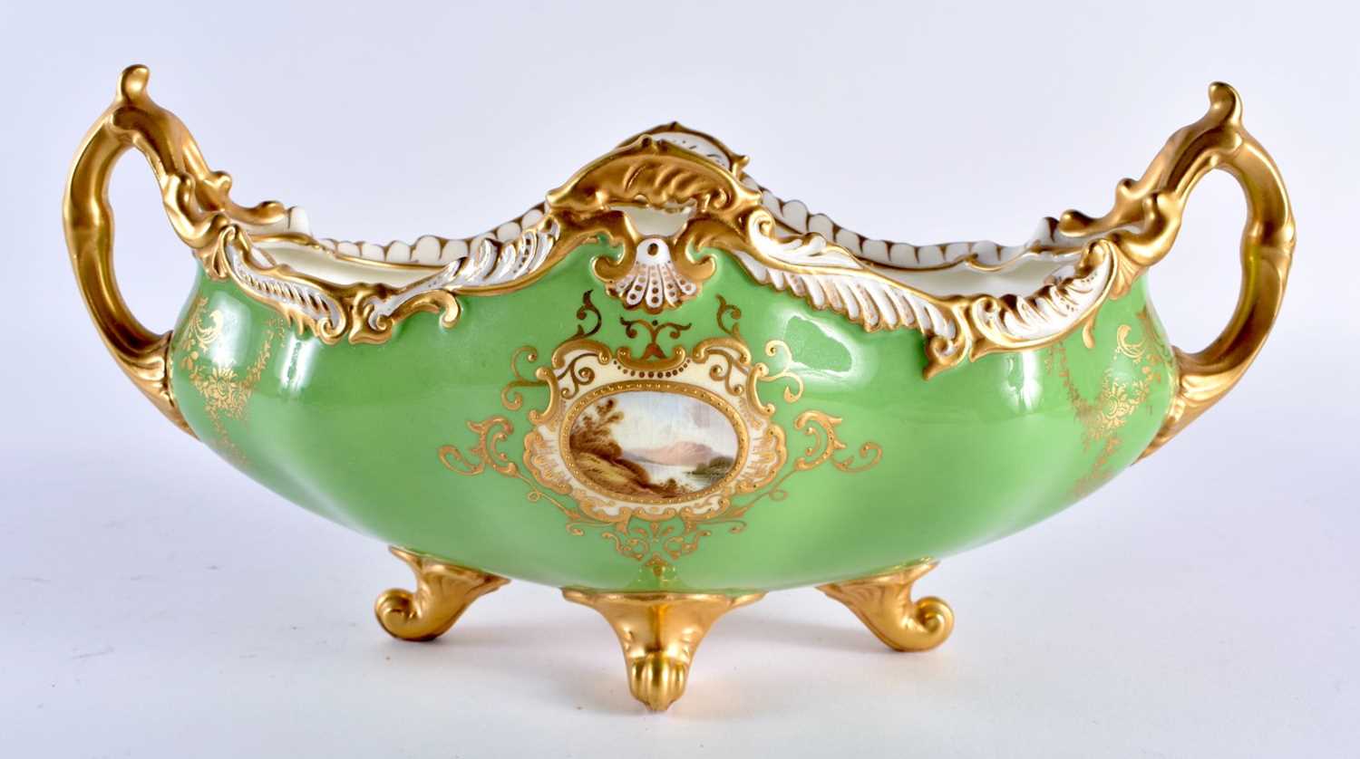 Late 19th early 20th century Coalport two handled boat shaped vase decorated with two gilt panels - Image 3 of 5