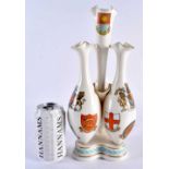 A RARE GOSS ARMORIAL CRESTEDWARE PORCELAIN TRIPLE POSY VASE with central fourth stem. 33 cm high.