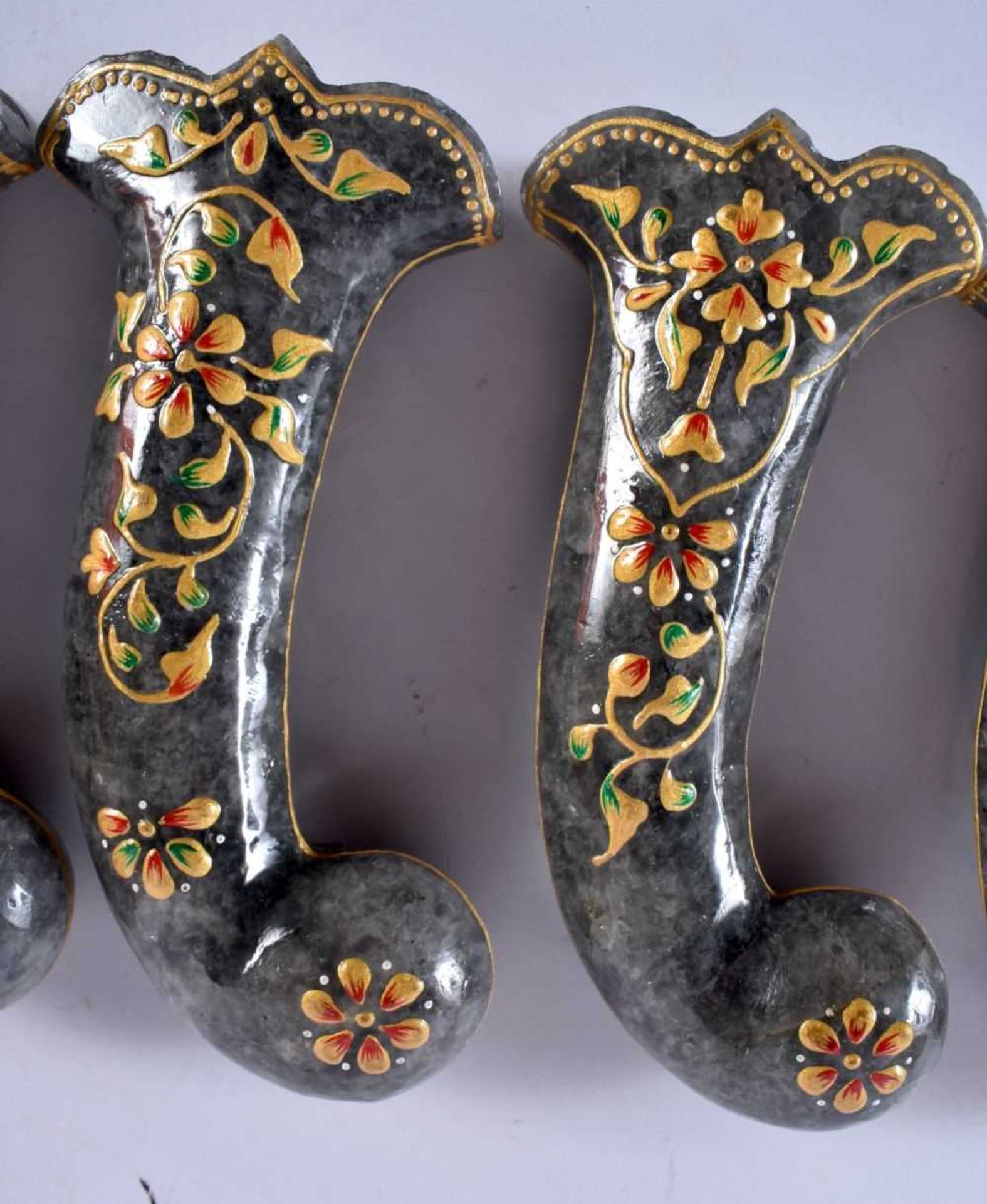 A SET OF FIVE MIDDLE EASTERN QAJAR LACQUER HARDSTONE DAGGER HANDLES overlaid with foliage and vines. - Image 3 of 6