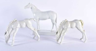 THREE GERMAN MEISSEN PORCELAIN FIGURES OF HORSES. Largest 18 cm x 16 cm. (3)