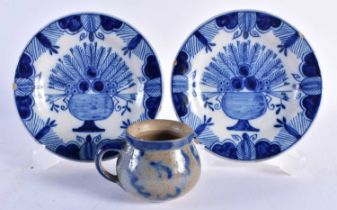 AN UNUSUAL PAIR OF 18TH/19TH CENTURY DUTCH DELFT BLUE AND WHITE DISHES together with a miniature