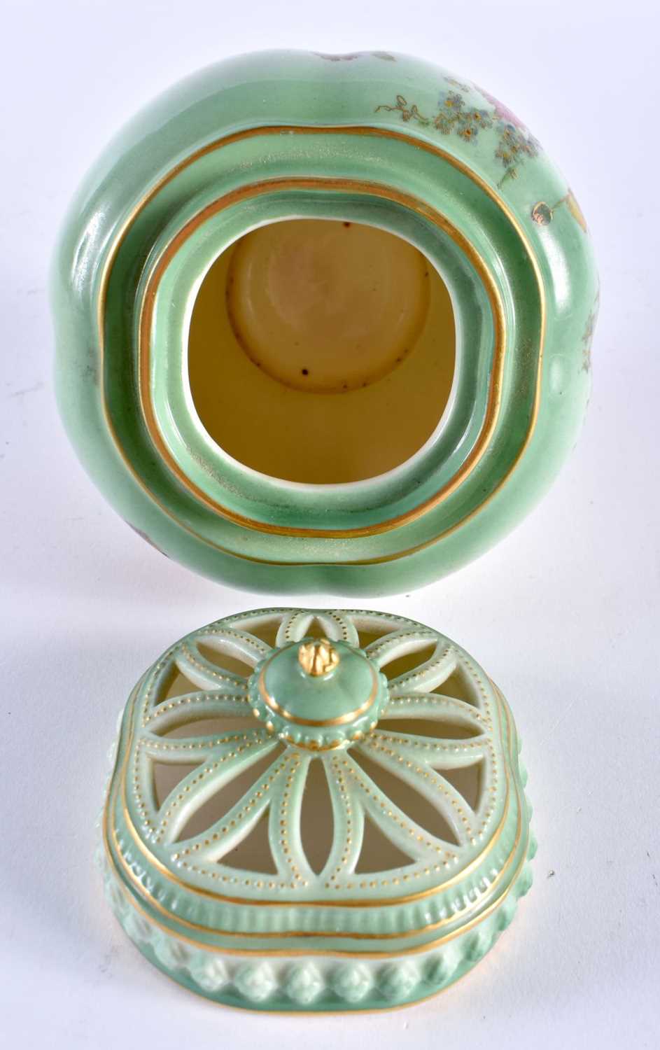 Royal Worcester pot pourri and cover painted with flowers on a green ground, date mark 1902, shape - Image 3 of 4