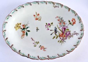 Chelsea oval dish finely painted with English flowers, anchor and stilt marks to base. 26 x 20cm