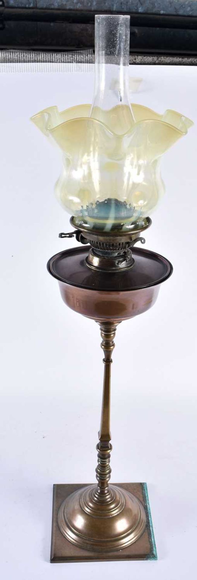 A LARGE ANTQUE J W BENSON COPPER AND BRONZE OIL LAMP with Vaseline shade. 74 cm high.