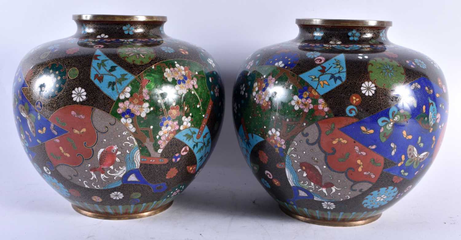 A LARGE PAIR OF 19TH CENTURY JAPANESE MEIJI PERIOD CLOISONNE ENAMEL VASES decorative with panels - Image 2 of 5