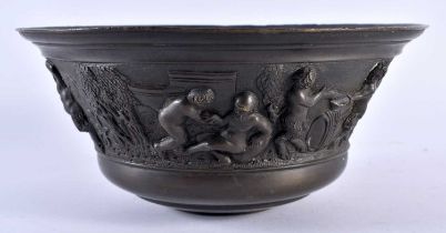 A 19TH CENTURY EUROPEAN GRAND TOUR BRONZE BOWL decorated in relief with Romanesque scenes of figures