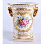 19th century spill vase with bird beak and ring handles painted with a rose floral bouquet in gilt