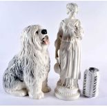 AN ANTIQUE PARIANWARE FIGURE OF A FEMALE together with a Beswick sheep dog. Largest 37 cm high. (2)