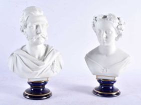 A LOVELY PAIR OF 19TH CETURY CONTINENTAL BISQUE AND POWDER BLUE PORCELAIN BUSTS modelled upon