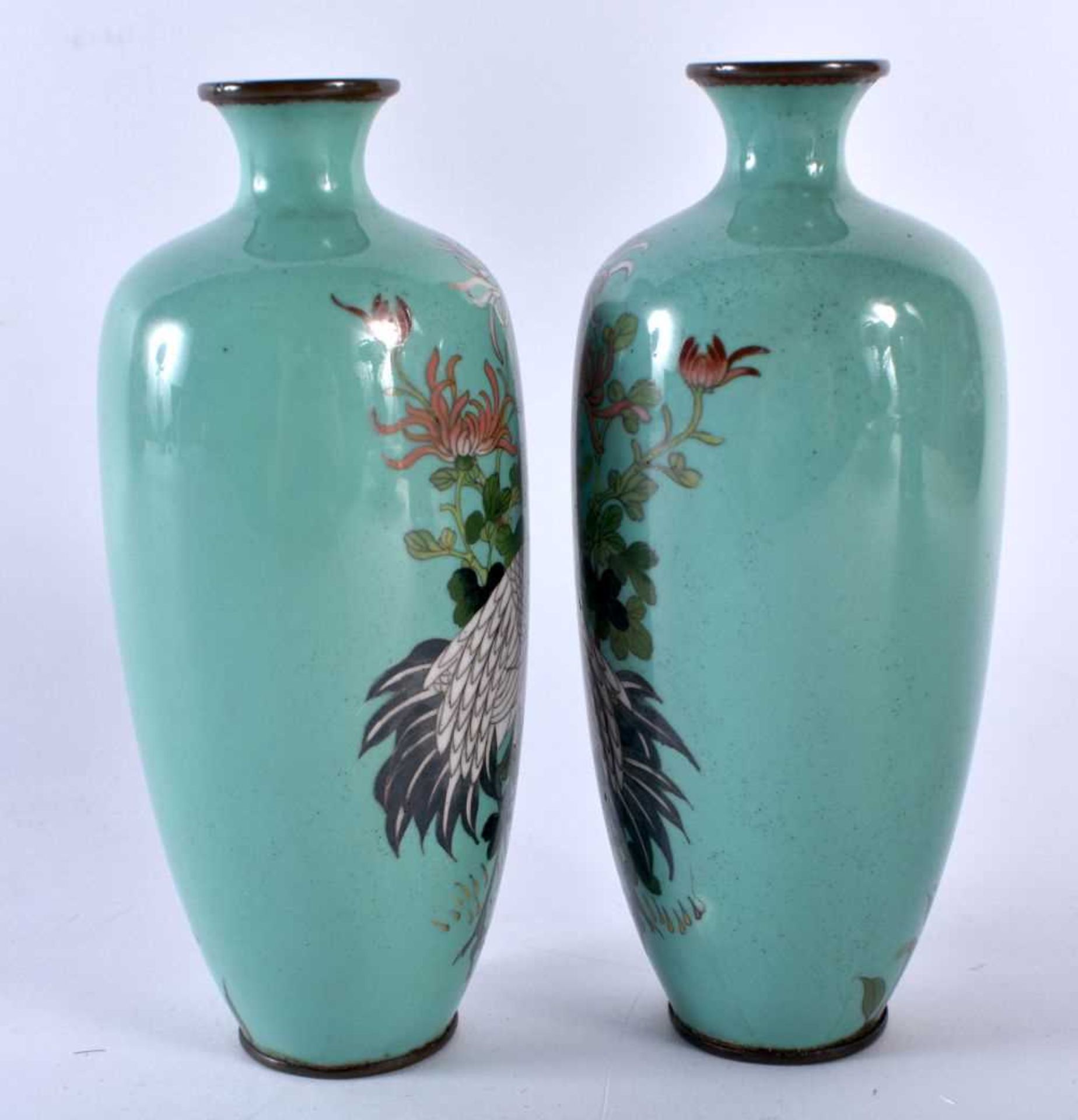 A PAIR OF 19TH CENTURY JAPANESE MEIJI PERIOD CLOISONNE ENAMEL VASES depicting birds in landscapes. - Image 2 of 5