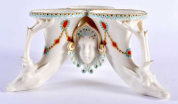 A VERY UNUSUAL 19TH CENTURY ENGLISH PARIAN WARE JEWELLED TRIPLE POSY VASE possibly Minton. 14 cm x 9