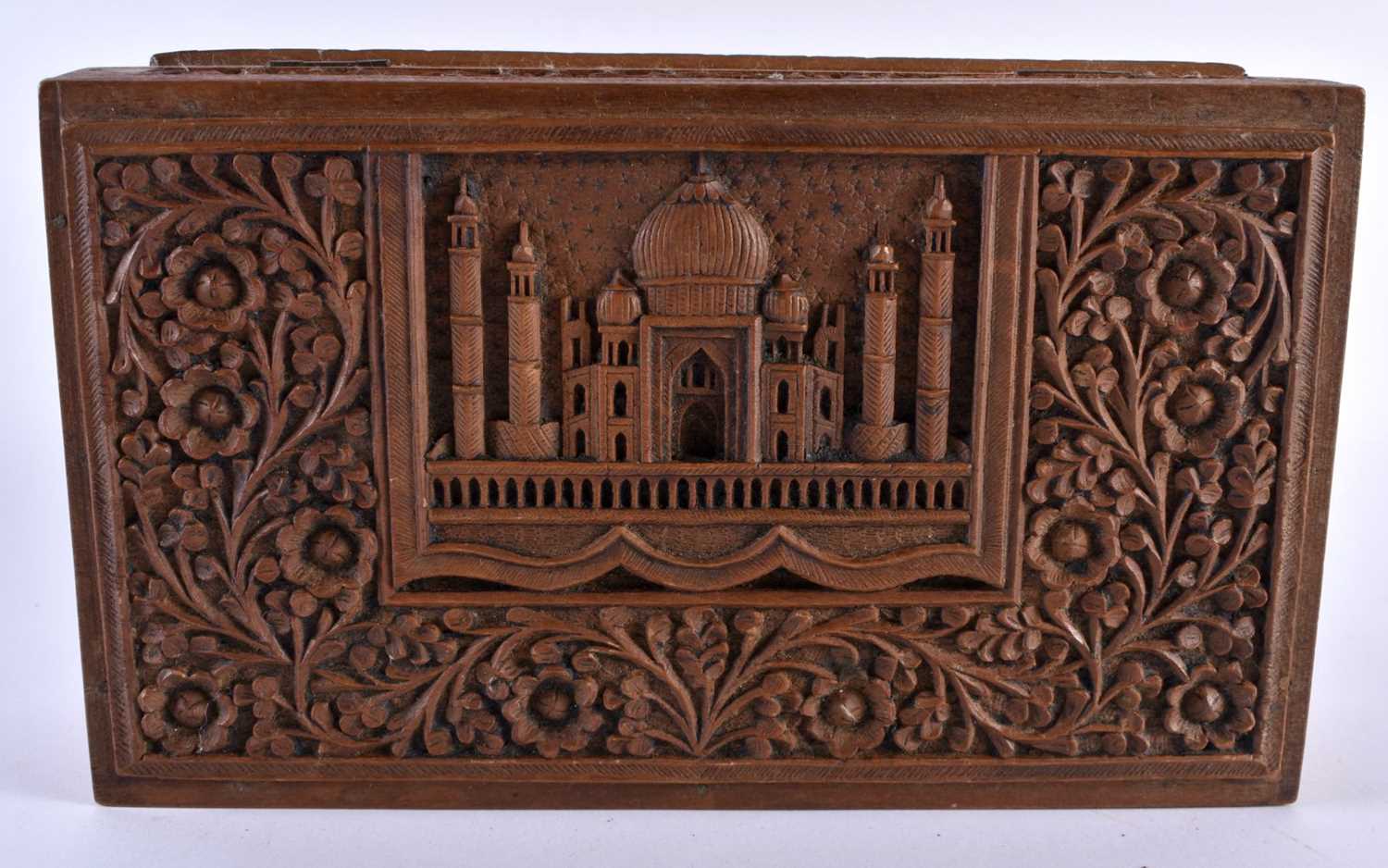 A 19TH CENTURY INDIAN CARVED SANDALWOOD TAJ MAHAL CASKET decorated with foliage and vines. 24 cm x - Image 4 of 5