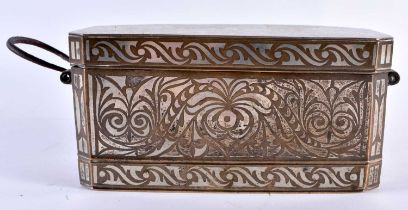 AN UNUSUAL 18TH CENTURY ISLAMIC PERSIAN SILVER INLAID BRONZE BOX decorative all over with foliage