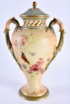 Royal Worcester two-handled blush ivory pot pourri vase and cover, decorated with insects amongst