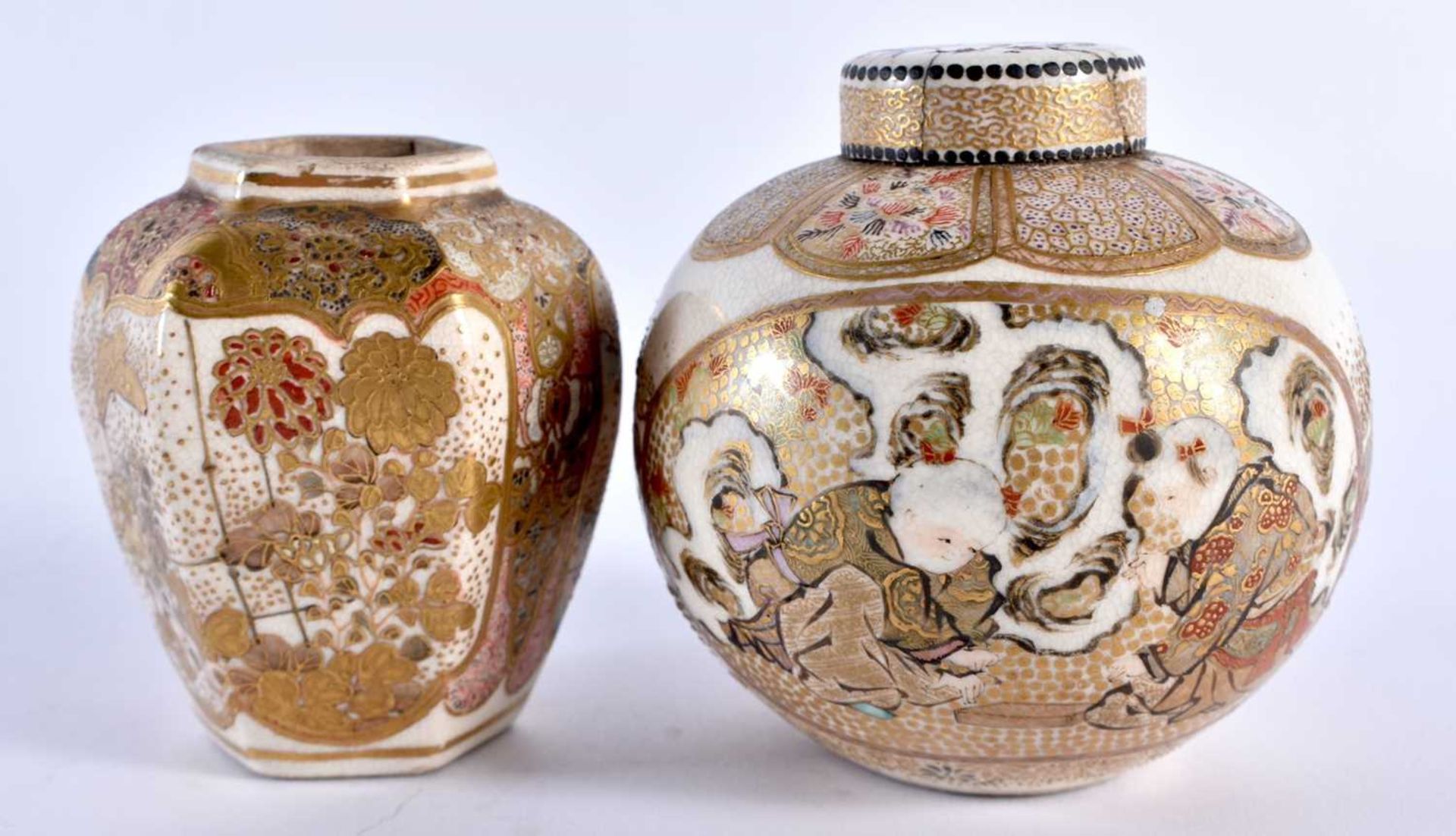 A SMALL 19TH CENTURY JAPANESE MEIJI PERIOD SATSUMA JAR AND COVER together with a similar smaller