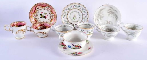 THREE EARLY TO MID 19TH CENTURY ENGLISH PORCELAIN TRIOS together with another similar cup and