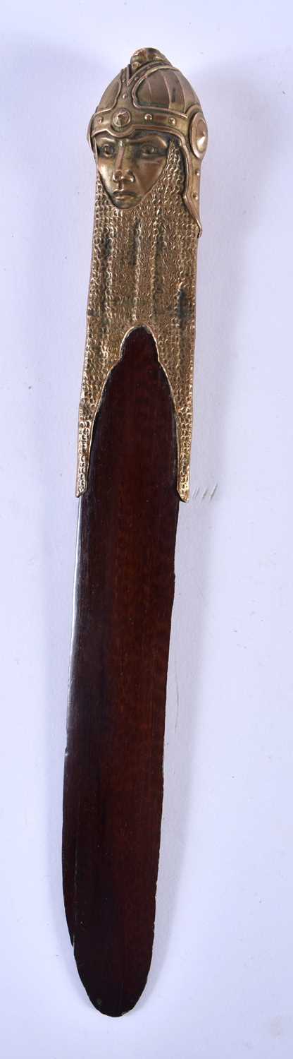 AN ARTS AND CRAFTS GILT MOUNTED WOOD PAPER KNIFE. 28 cm long.