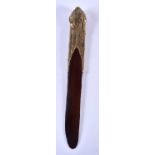 AN ARTS AND CRAFTS GILT MOUNTED WOOD PAPER KNIFE. 28 cm long.