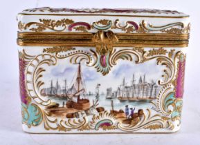 A LARGE 19TH CENTURY GERMAN RELIEF DECORATED PORCELAIN CASKET probably Volkstedt, painted with