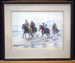 A framed limited edition print by David Dent of race horses 80/850 "Surf and Turf " 30 x 41 cm.