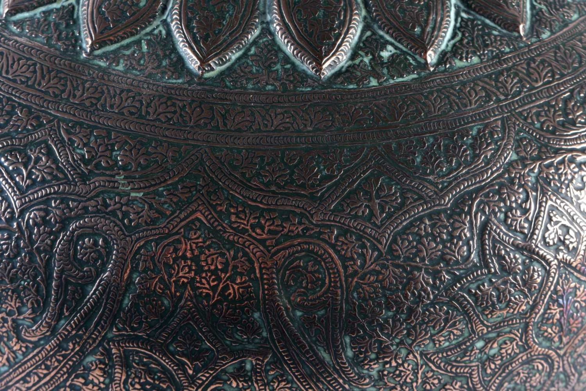 A VERY LARGE 19TH CENTURY MIDDLE EASTERN ISLAMIC BRONZE COPPER ALLOY VASE AND COVER decorated with - Image 2 of 7