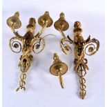 A PAIR OF 19TH CENTURY FRENCH GILT BRONZE TWIN BRANCH WALL SCONCES formed with putti. 42 cm x 20