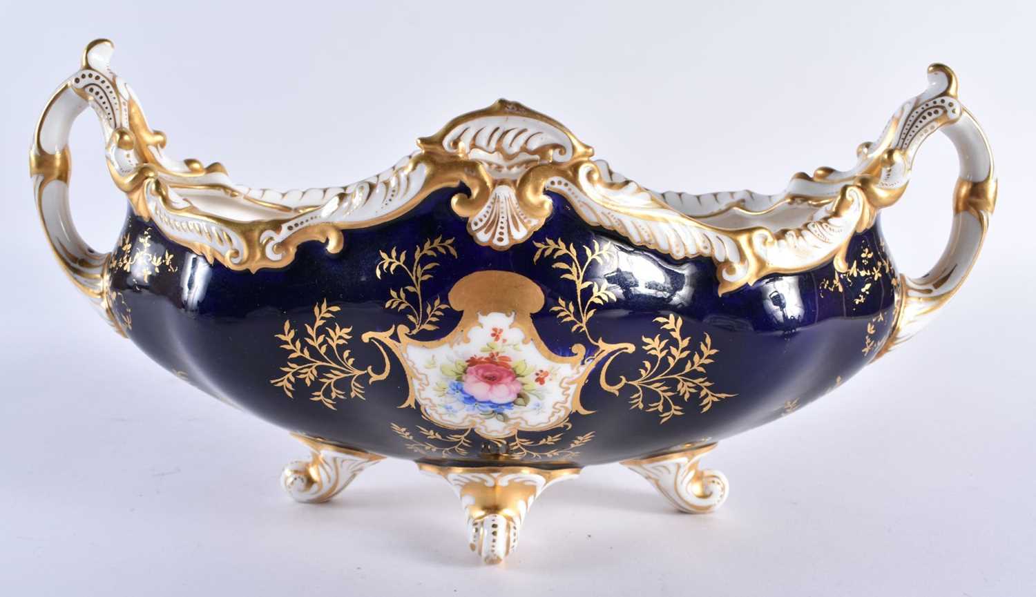 Late 19th early 20th century Coalport two handled boat shaped vase decorated with two gilt panels - Image 3 of 5