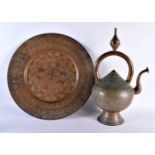 A LARGE 19TH CENTURY MIDDLE EASTERN ISLAMIC COPPER ALLOY CALLIGRAPHY CHARGER together with a